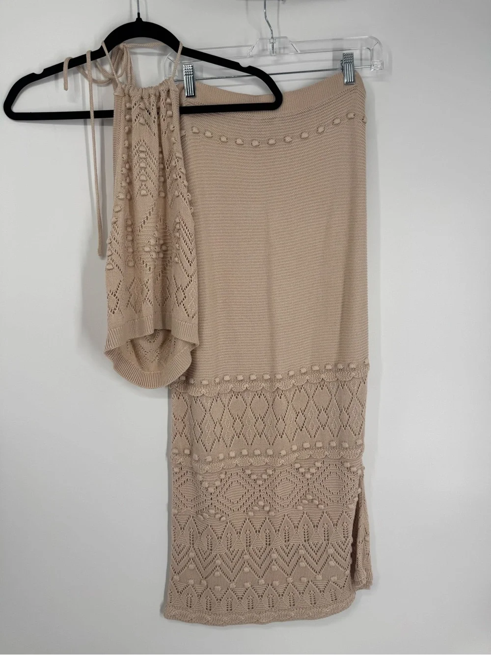 Intermix Dawson Pointelle Knit Halter & Midi Skirt Set Beige Resort Beachy